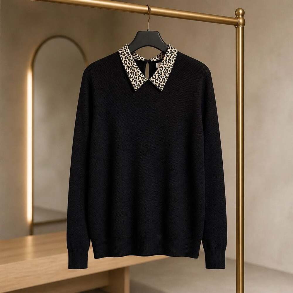 J.Crew Black Cotton Sweater with Leopard Print Collar Size XXL item 390